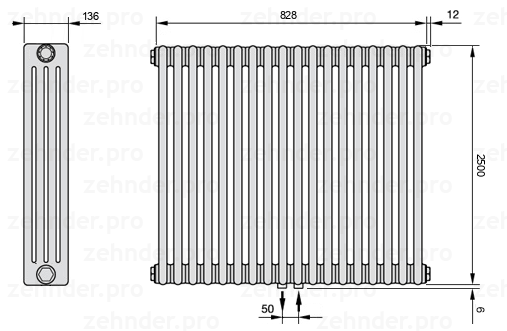 Схема (чертеж) Радиатор Zehnder Charleston 4250/18 №5410 Белый глянцевый RAL 9016